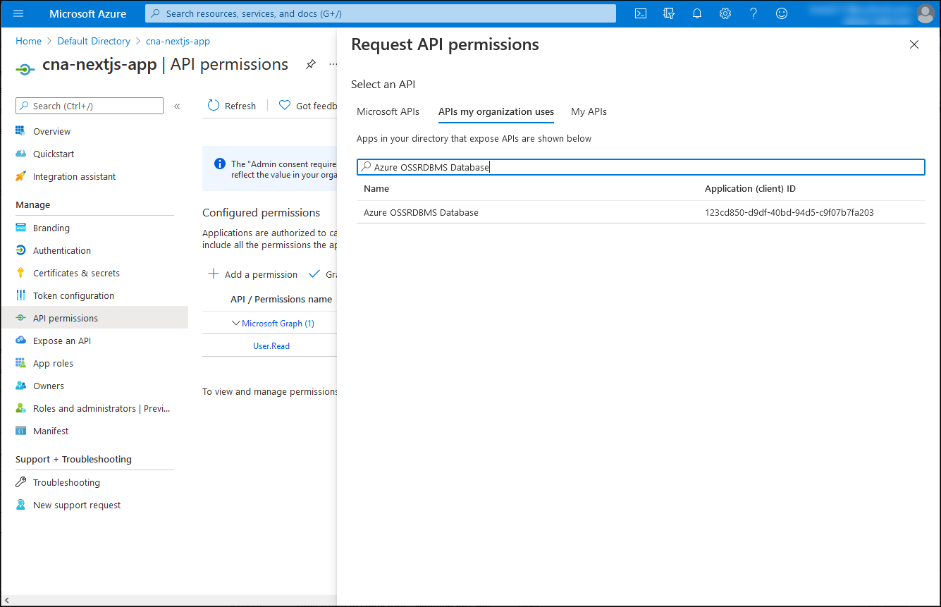 Screenshot of the Request API permissions blade in the Azure portal.