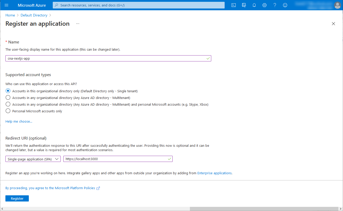 Screenshot of the Register an application blade in the Azure portal.