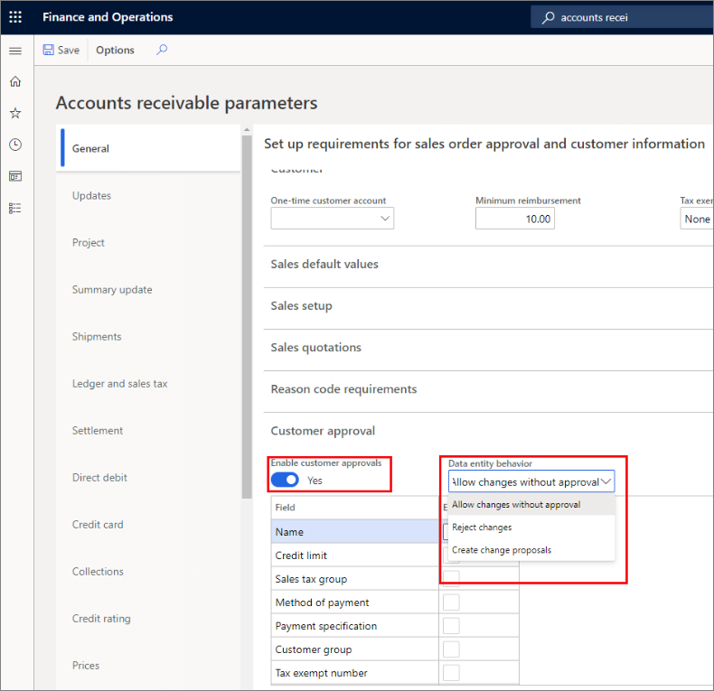 Screenshot of the Accounts receivable parameters page.