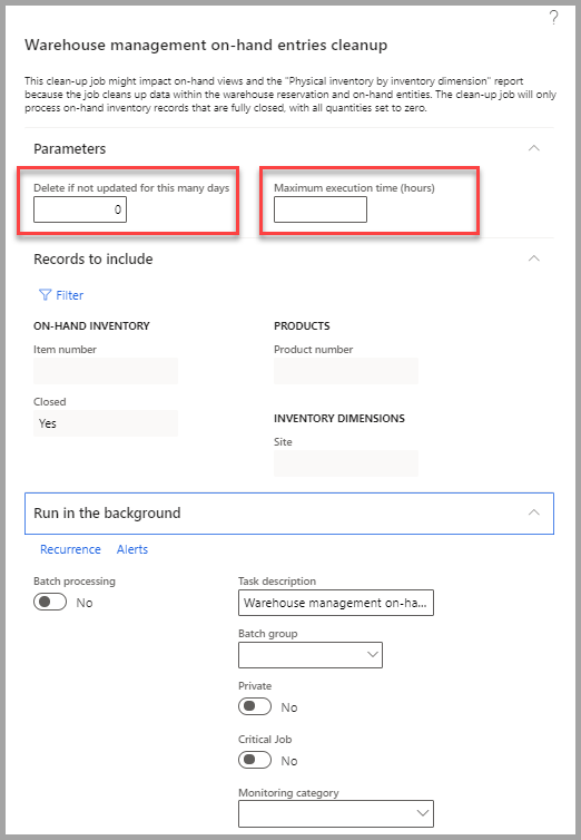 Screenshot of the Warehouse management on-hand entries cleanup page with the parameters highlighted.