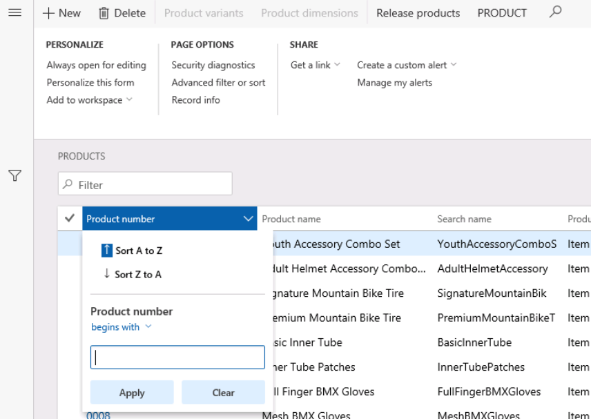 Product number options to sort A to Z, sort Z to A, or filter.