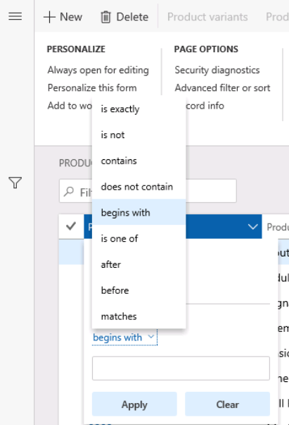 Field criteria options