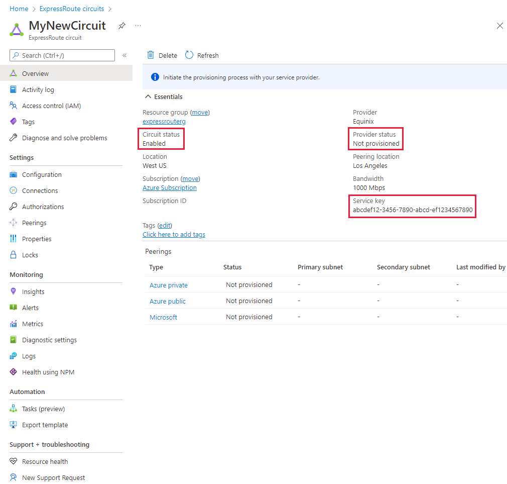 Screenshot of provisioning a circuit by using the Azure portal.