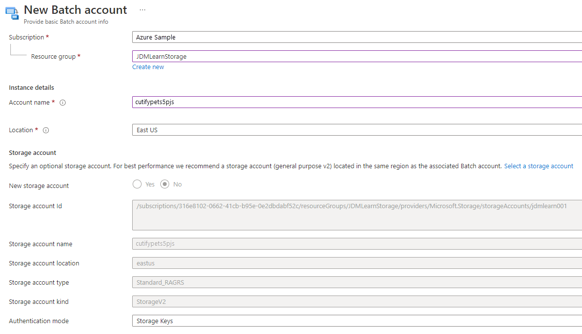 Screenshot that shows the new batch account form.