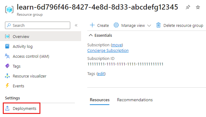 Screenshot of the Azure portal that shows the resource group, with the Deployments menu item highlighted.