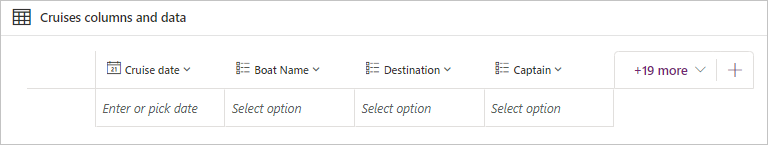 Screenshot of Cruises columns and data showing the Name, Cruise date, Boat Name, Destination and Captain columns.