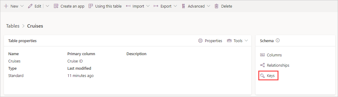 Screenshot of Cruises Table properties and Schema pane with Keys highlighted in the Schema pane.