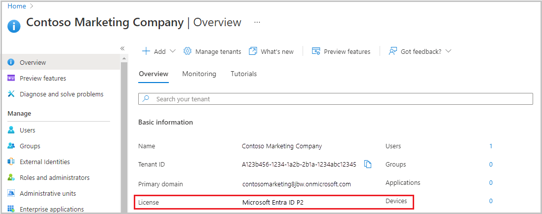 Screenshot that shows Microsoft Entra ID P2 on the Overview page under Tenant information.