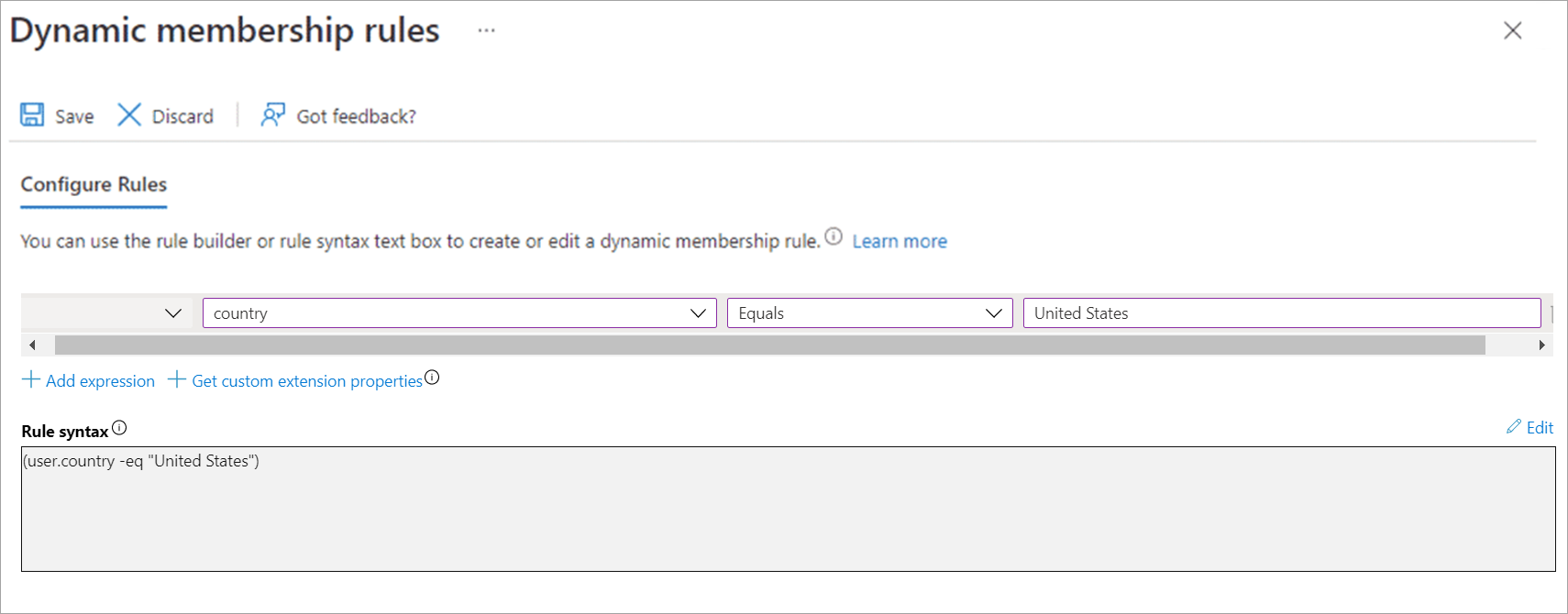 Screenshot that shows how to assign a dynamic membership rule.