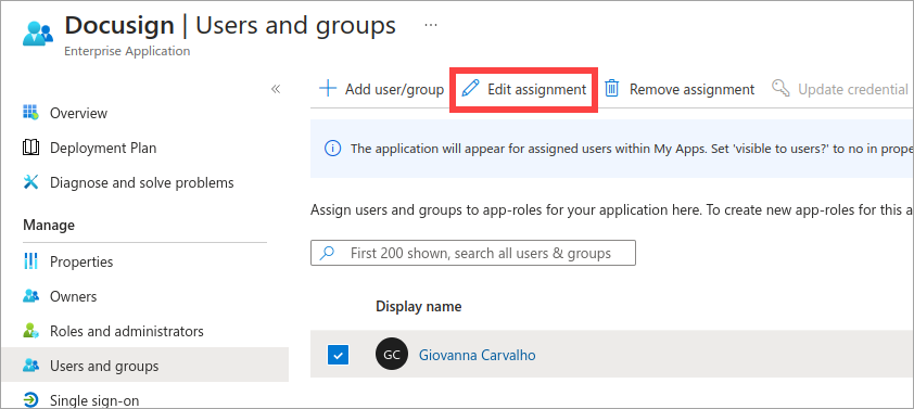 Screenshot that shows the user selected on the users and groups page.