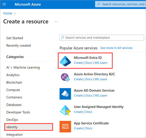 Screenshot that shows the create link for Microsoft Entra ID under Azure services.