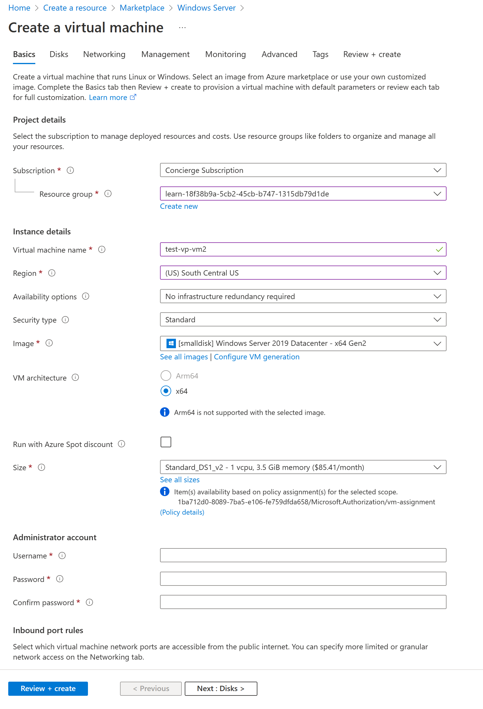 Screenshot showing **Basics** tab of the **Create a virtual machine** pane.