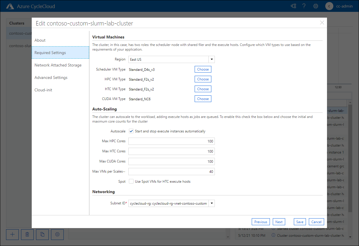 Screenshot of the Required Settings page of the Edit contoso-custom-slurm-lab-cluster pop-up window.