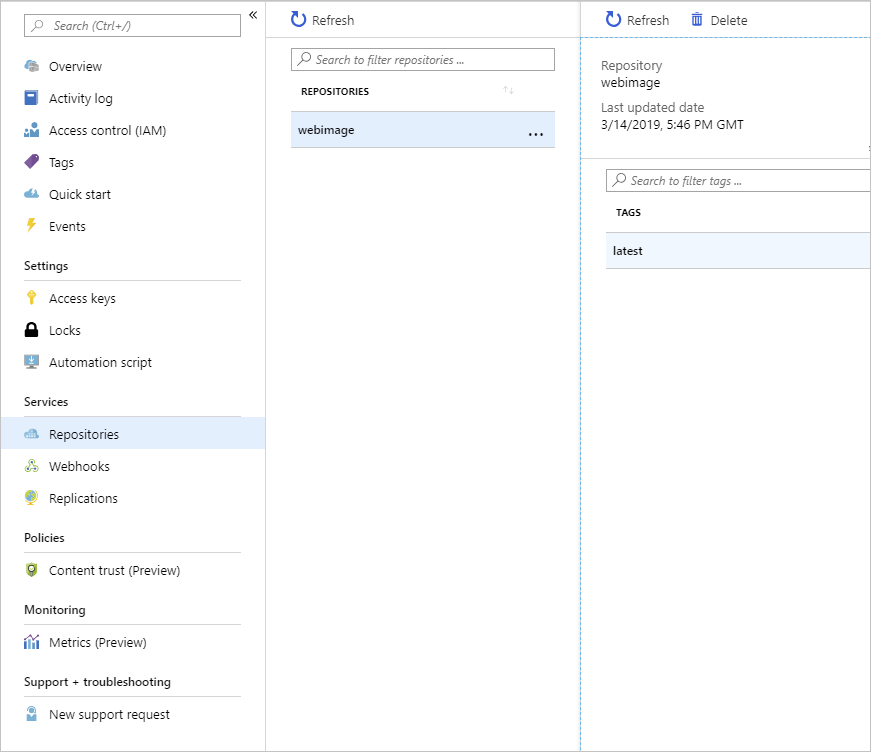 Screenshot that shows the repositories and images uploaded to Azure Container Registry.