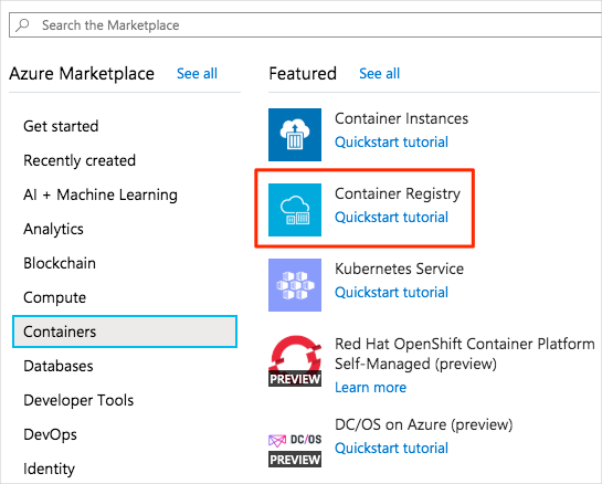 Screenshot that shows the New pane in Azure portal showing the Container options available in Azure Marketplace.