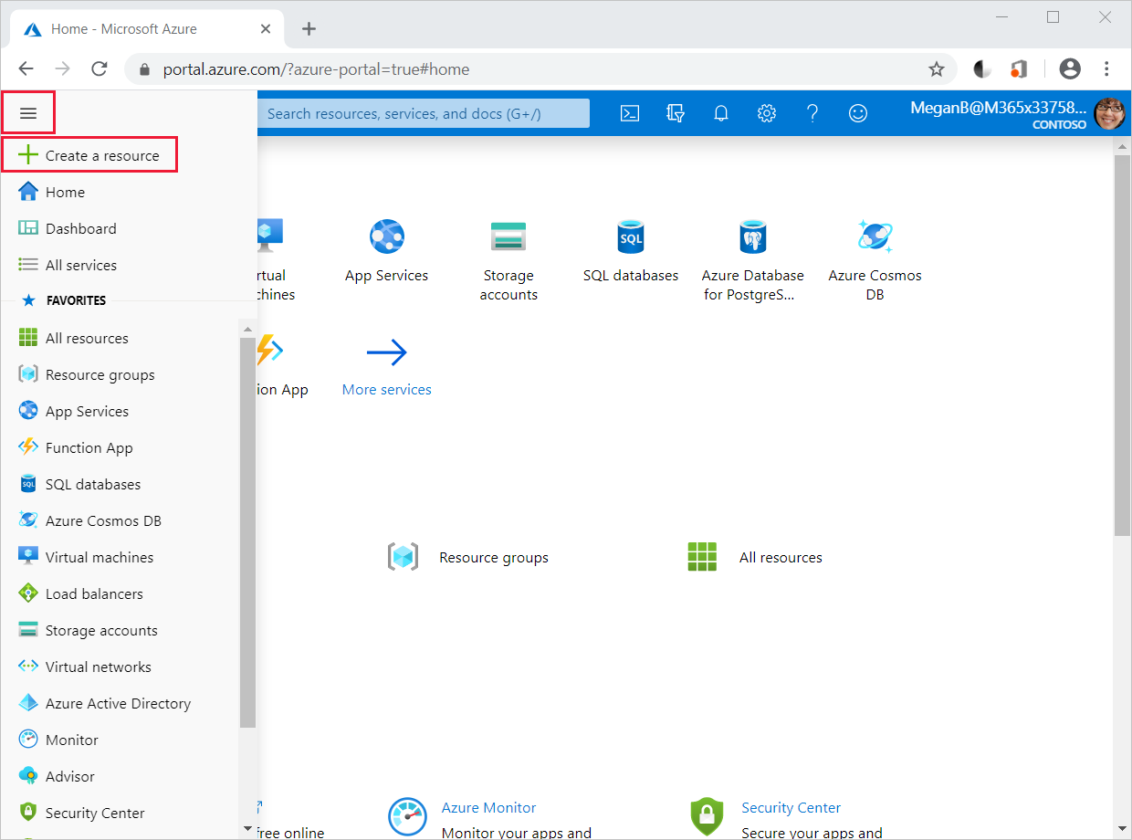 Screenshot of Azure portal menu and Create a resource option.