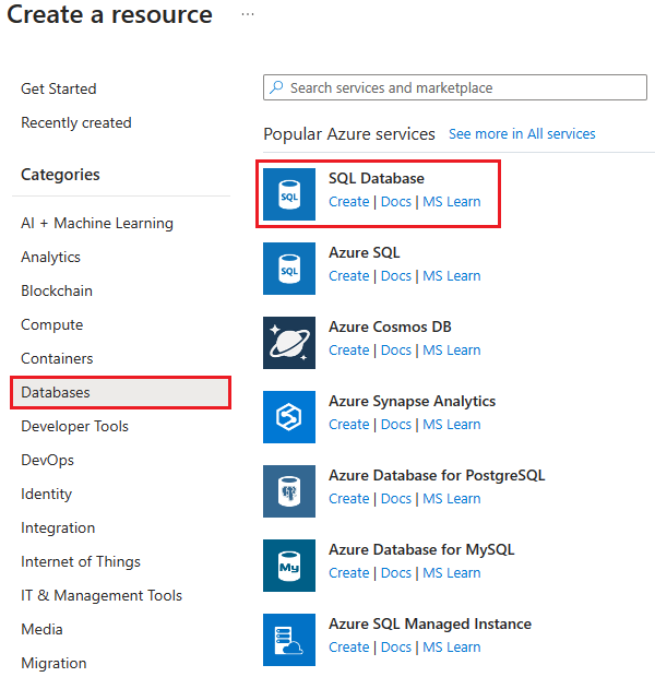 Screenshot of the Databases and SQL Database options.