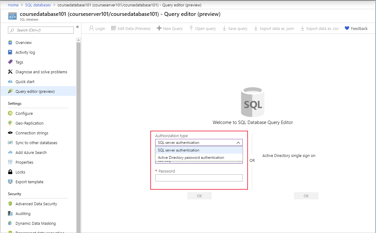 The SQL Database sign-in page in the Azure portal.