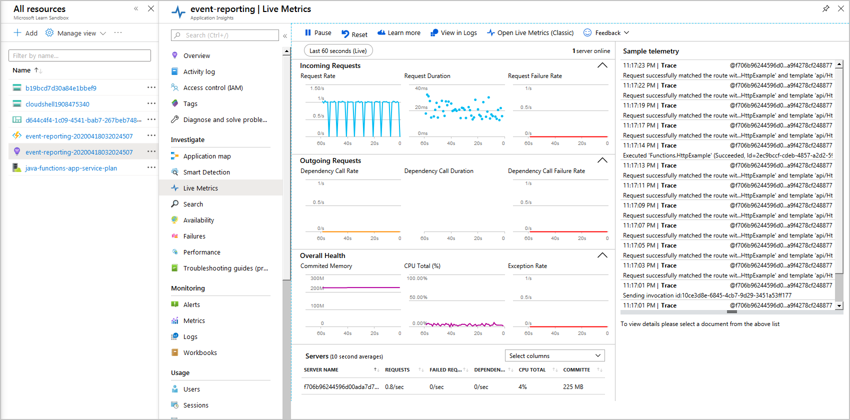 Image showing Application Insights and Live Metrics highlights.