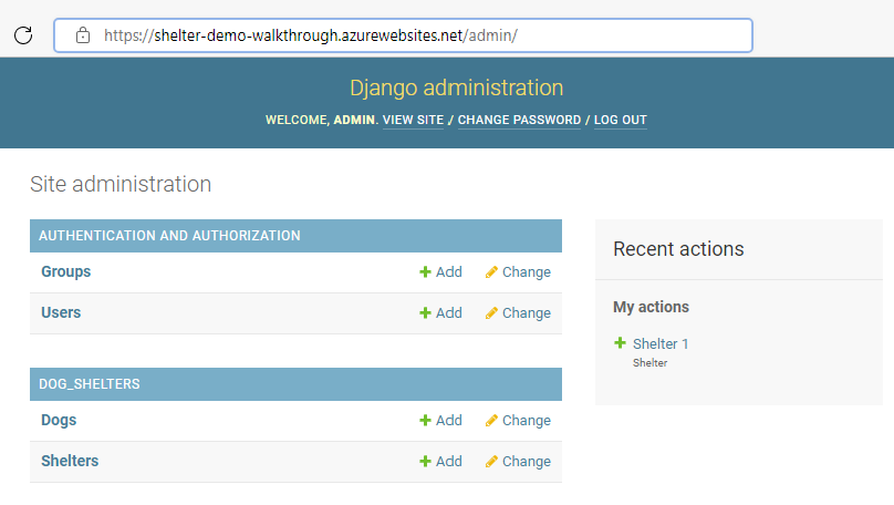 Screenshot showing Django admin and how to add shelters.