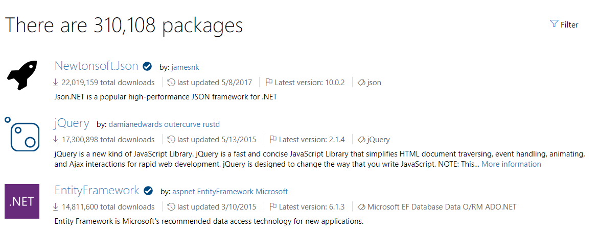 Screenshot of NuGet.org showing a list of popular packages.