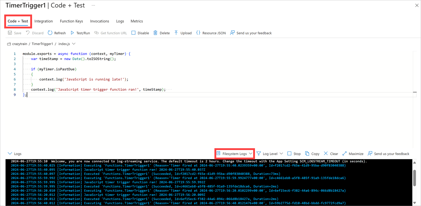 Screenshot that shows the function Code + Test pane with the Filesystem Log displayed.