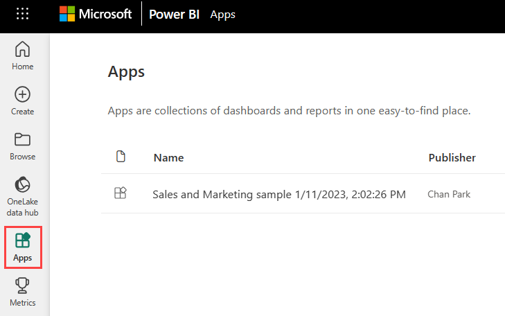 Screenshot of the Power BI Apps icon in the nav bar.