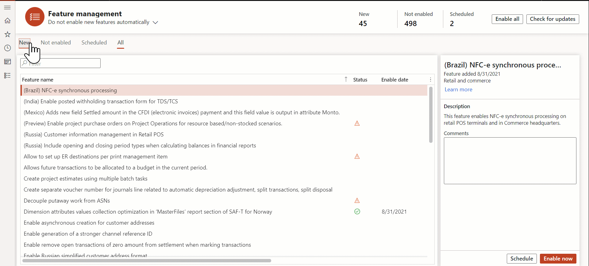 Animation of how to enable a feature in the Feature management workspace.