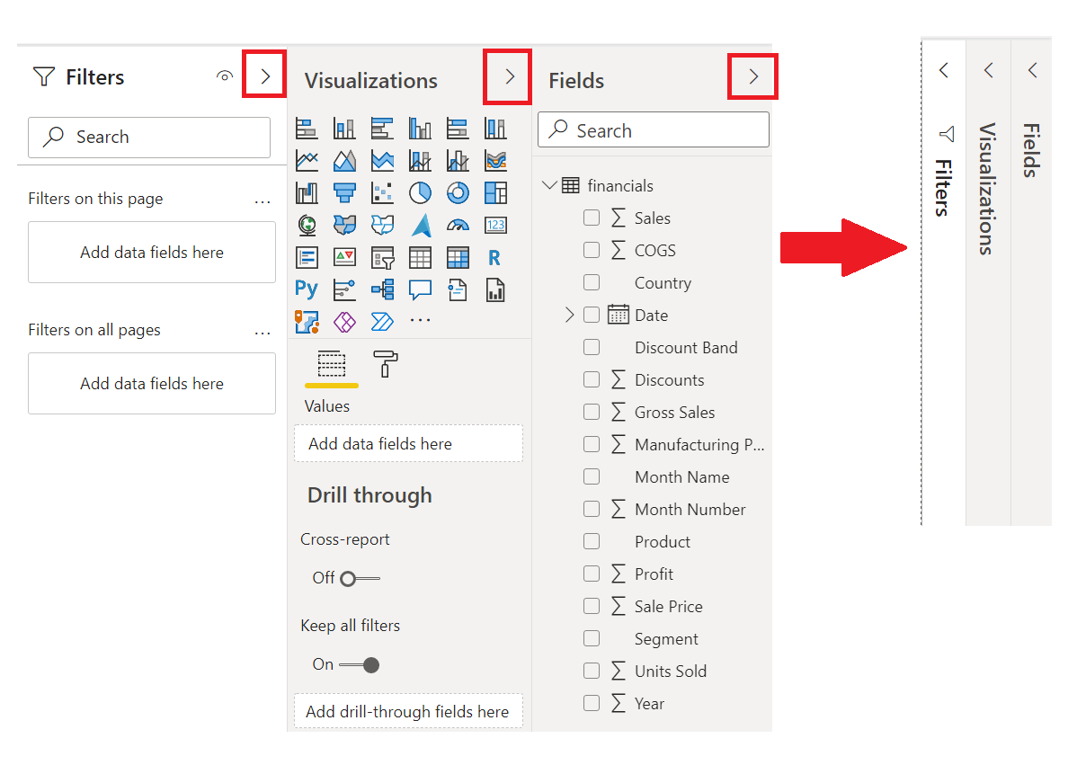 You can collapse or expand the Visualizations and Fields.