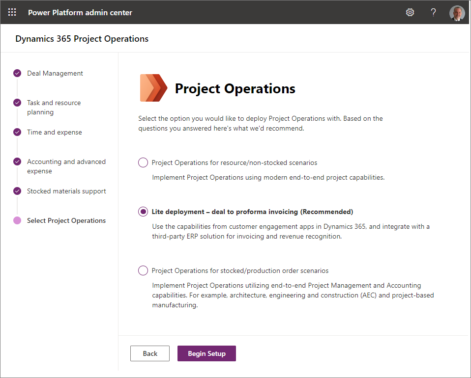  Screenshot of the Project Operations questionnaire.