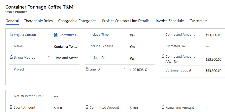 Screenshot of the General tab of project–based contract lines.