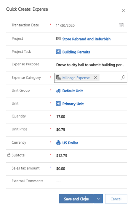 Screenshot of the Quick Create Expense page.