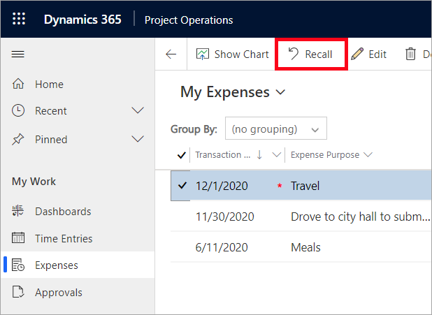 Screenshot of the Expenses page highlighting the Recall button.