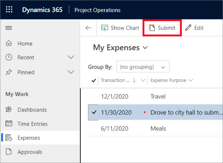 Screenshot of the Expenses page highlighting the Submit button.