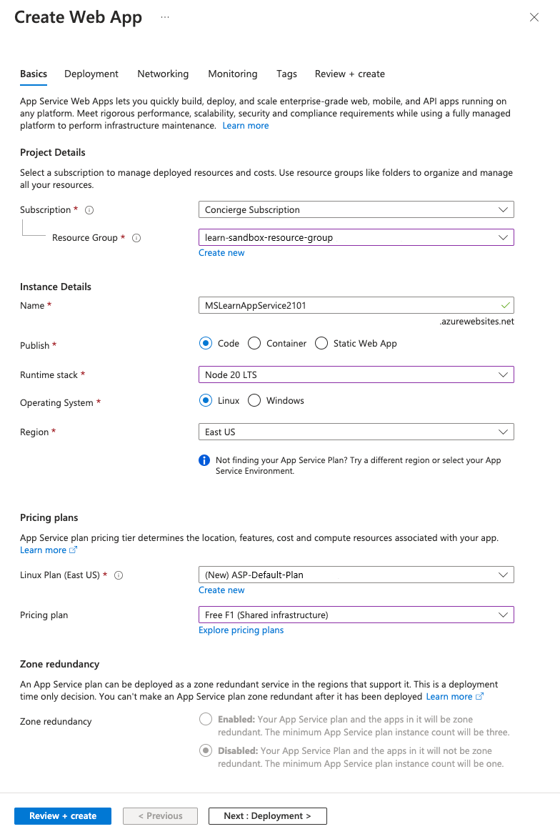 Screenshot showing web app creation details.