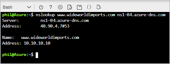 Screenshot of Cloud Shell, showing the nslookup results.