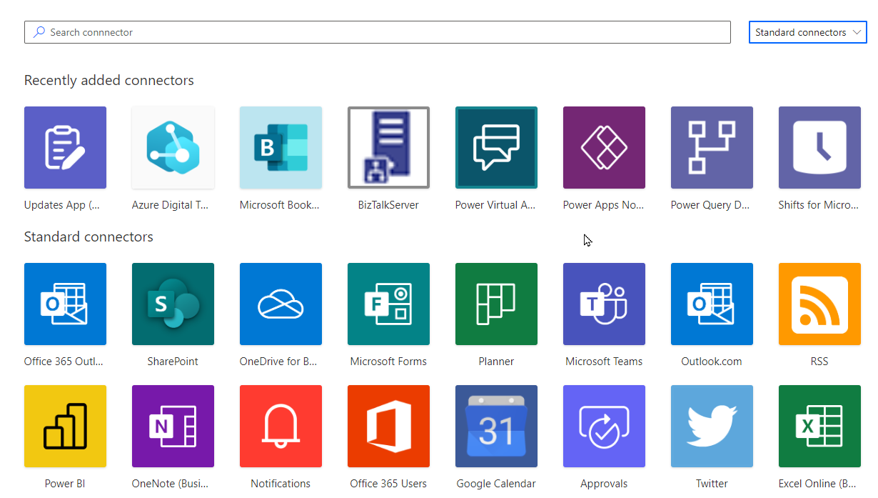 Screenshot of available standard connectors.