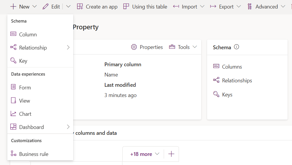 Screenshot of the Primary column tab on the New table screen.