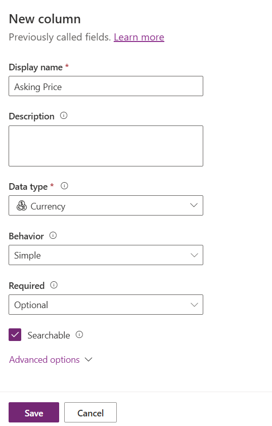 Screenshot of the New column screen configured based on the instructions in step 10.