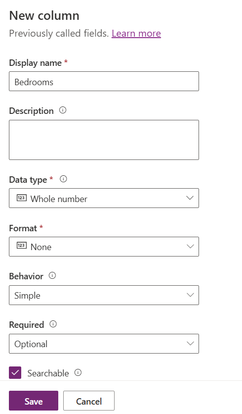 Screenshot of the New column screen configured based on the instructions in step 13.