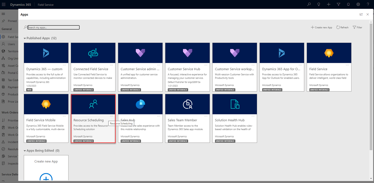 Screenshot of Field Service apps with Resource Scheduler selected.