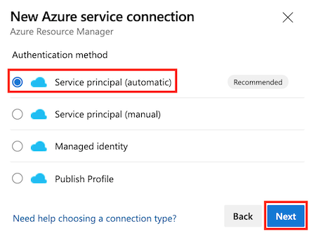 Screenshot of Azure DevOps that shows the New Azure service connection' pane, with the Service principal (automatic) option highlighted.