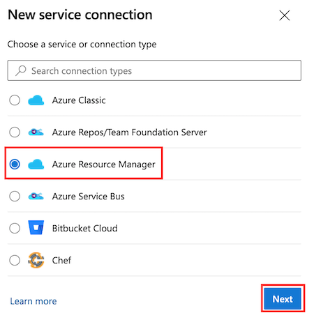 Screenshot of Azure DevOps that shows the 'Service connections' pane, with the 'Azure Resource Manager' service connection type highlighted.