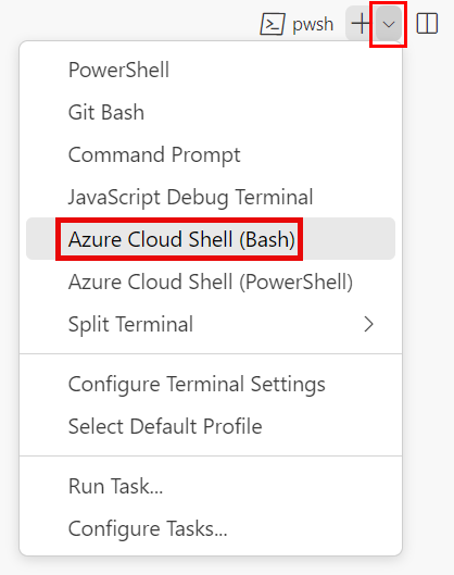 Screenshot of the Visual Studio Code terminal window, with the terminal shell dropdown shown and Azure Cloud Shell (bash) selected.