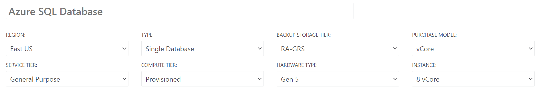 Screenshot of SQL instance options in pricing calculator depicting the region for hosting, the type (single or elastic pool), and the service tier among the options available.