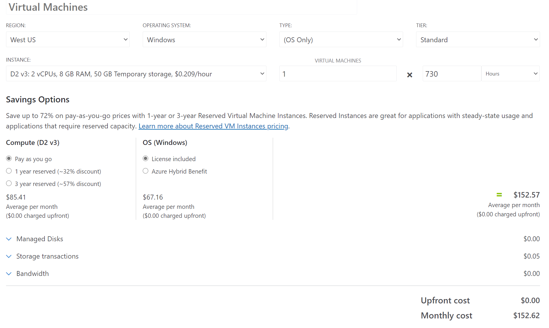 Screenshot of the pricing calculator depicting cost of VM with configured parameters.