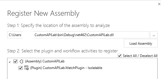 Screenshot showing the register new assembly dialogue with your plugin selected.