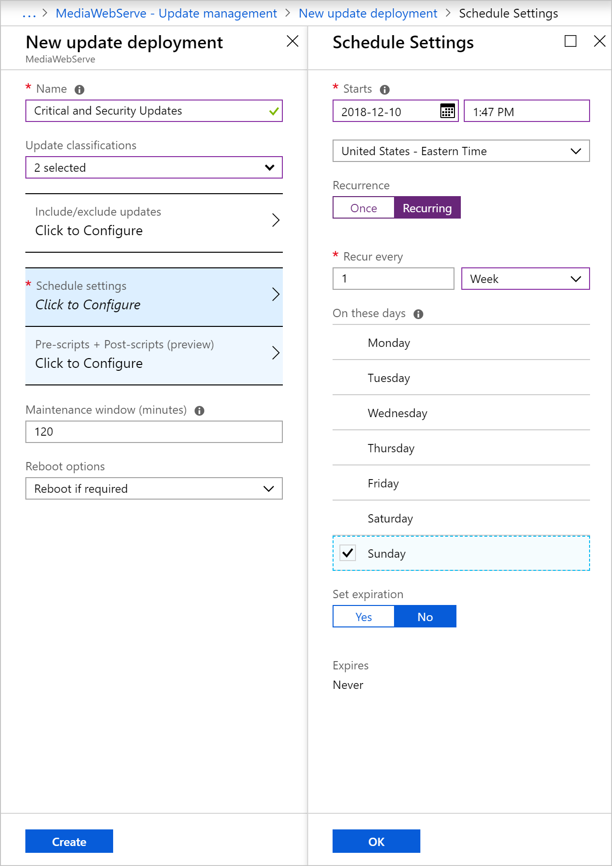 Screenshot that shows the New update deployment page and Schedule settings page with the fields filled out as described in the table.