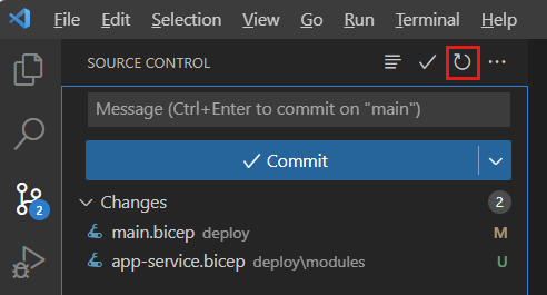 Screenshot of Visual Studio Code that shows Source Control, with the Refresh toolbar icon highlighted.
