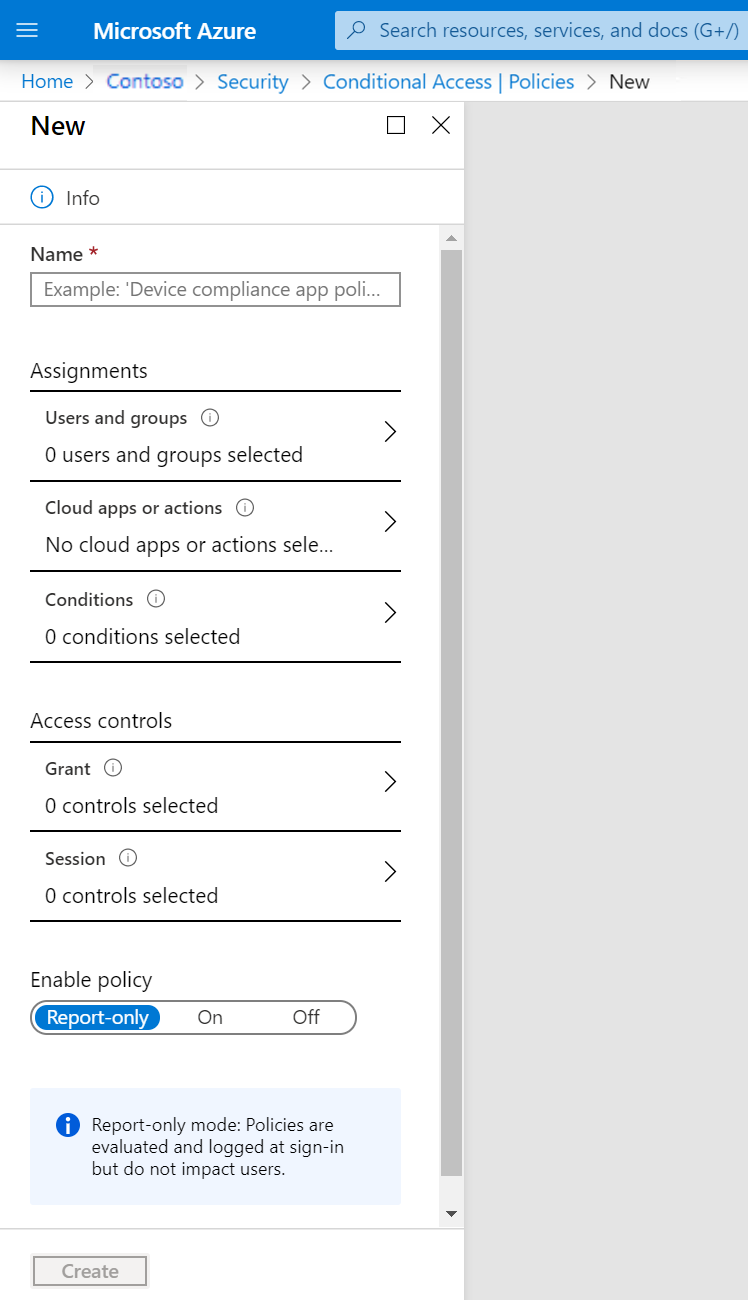 Screenshot that shows a new Conditional Access policy with no assignments or access controls set.